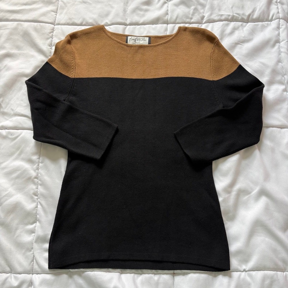 Mary McFadden Colorblock Ribbed Knit Sweater Black Brown Medium Soft Power
